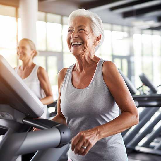 An elderly person runs on a treadmill